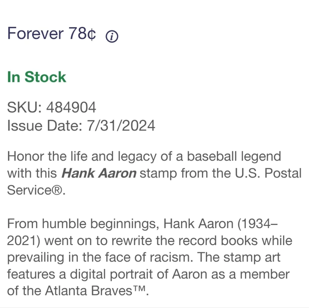 100 USPS 2024 Hank Aaron Baseball Forever‎ Stamps Postage Bachelor Party Invites